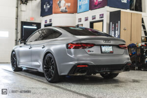 Nardo Grey Audi RS5 with matte paint protection film applied giving it a satin finish